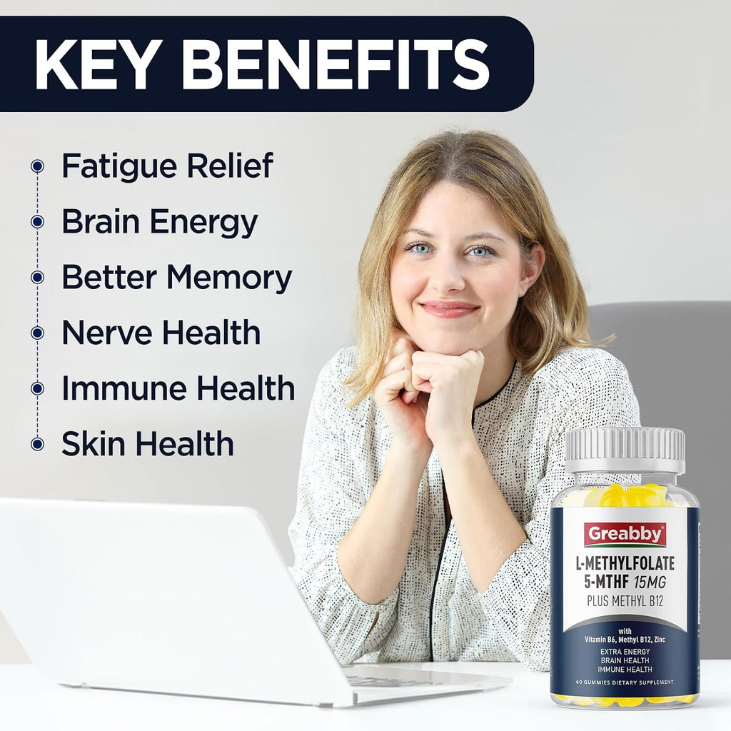 Gominolas de Metilfolato L con B12 Metilada - 5-MTHF 15 mg + Metilcobalamina 1000 mcg - 60 Gominolas Sin Azúcar