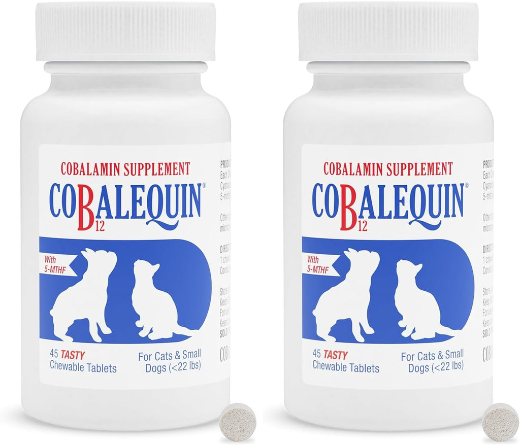 Nutramax Cobalequin B12 para Perros y Gatos, Suplemento Oral de Cobalamina con Folato, Vitamina B12 para Perros Menos de 10 kg y Gatos, Apoya la Salud Gastrointestinal, Comprimidos Masticables, 45 Unidades