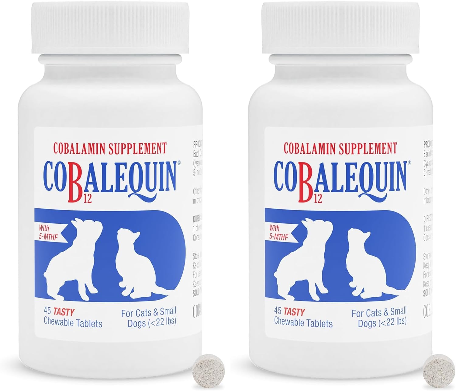 Nutramax Cobalequin B12 para Perros y Gatos, Suplemento Oral de Cobalamina con Folato, Vitamina B12 para Perros Menos de 10 kg y Gatos, Apoya la Salud Gastrointestinal, Comprimidos Masticables, 45 Unidades