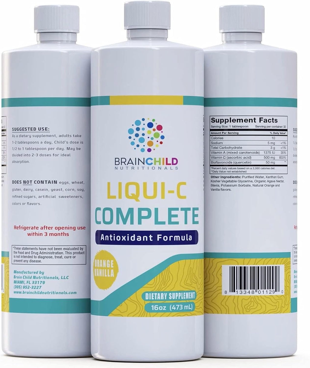 BrainChild Nutritionals Liqui-C Complete Liquid Vitamin C - Buffered Ascorbic Acid with Quercetin & Bioflavonoids for Immune Support - Gluten-Free, Orange-Vanilla Flavor - 473 ml