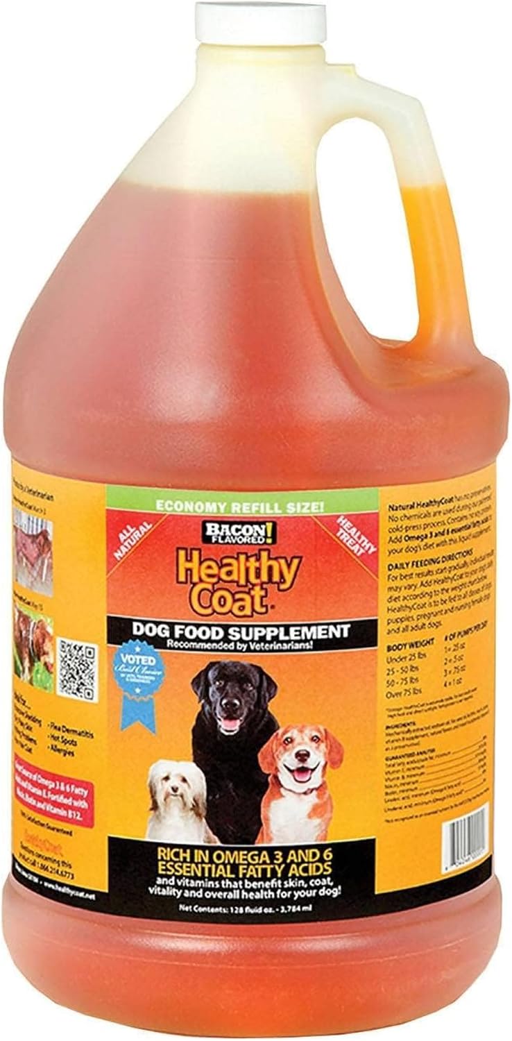 HealthyCoat Suplemento para Perros con Omega 3 y 6, Sabor a Tocino - 1 Galón
