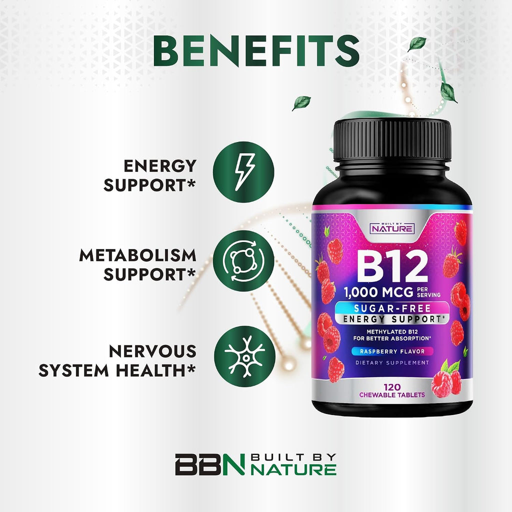 Built by Nature Vitamina B12 1000 mcg Metilcobalamina, Comprimidos Sublinguales Sabor a Bayas, 120 unidades (4 meses)