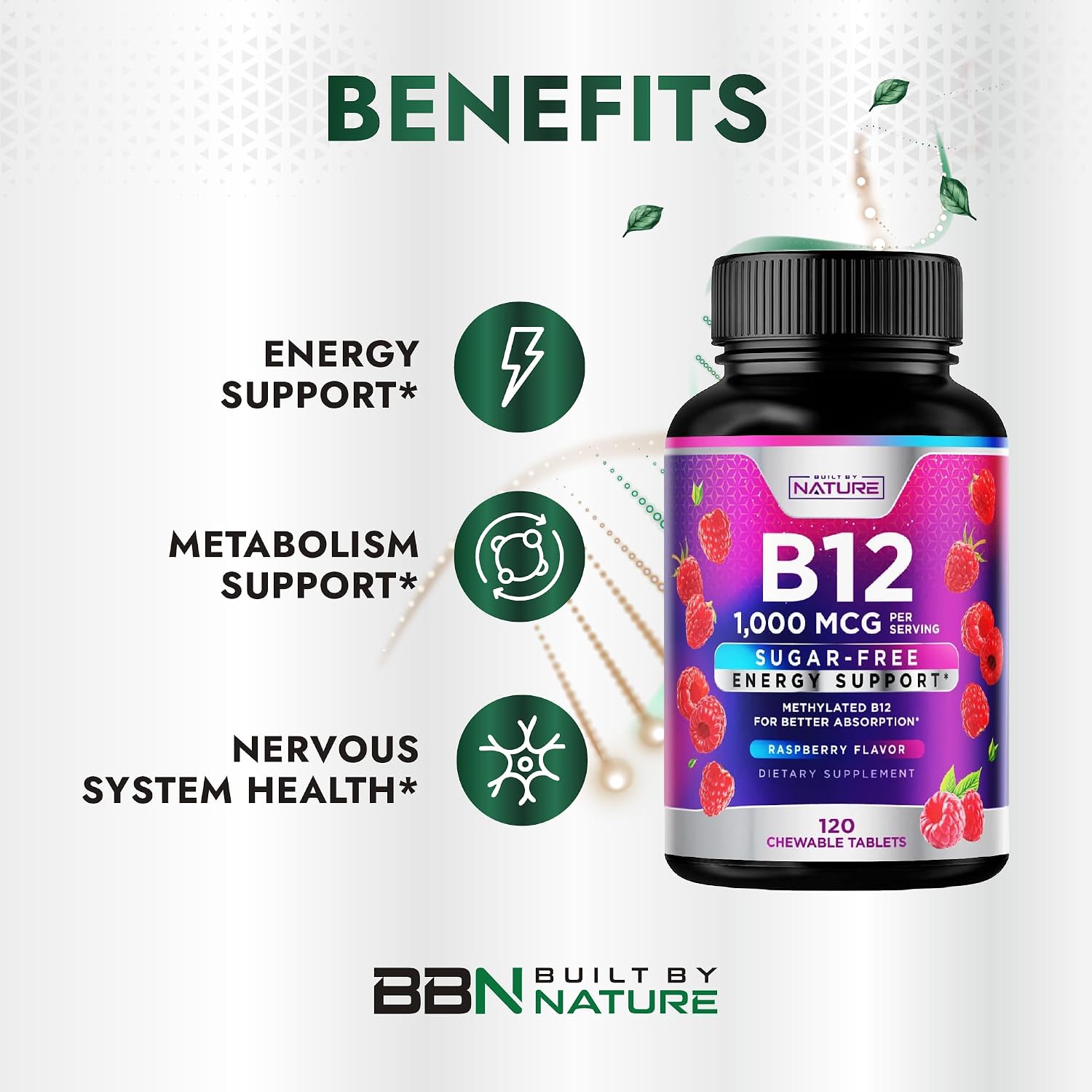 Built by Nature Vitamina B12 1000 mcg Metilcobalamina, Comprimidos Sublinguales Sabor a Bayas, 120 unidades (4 meses)