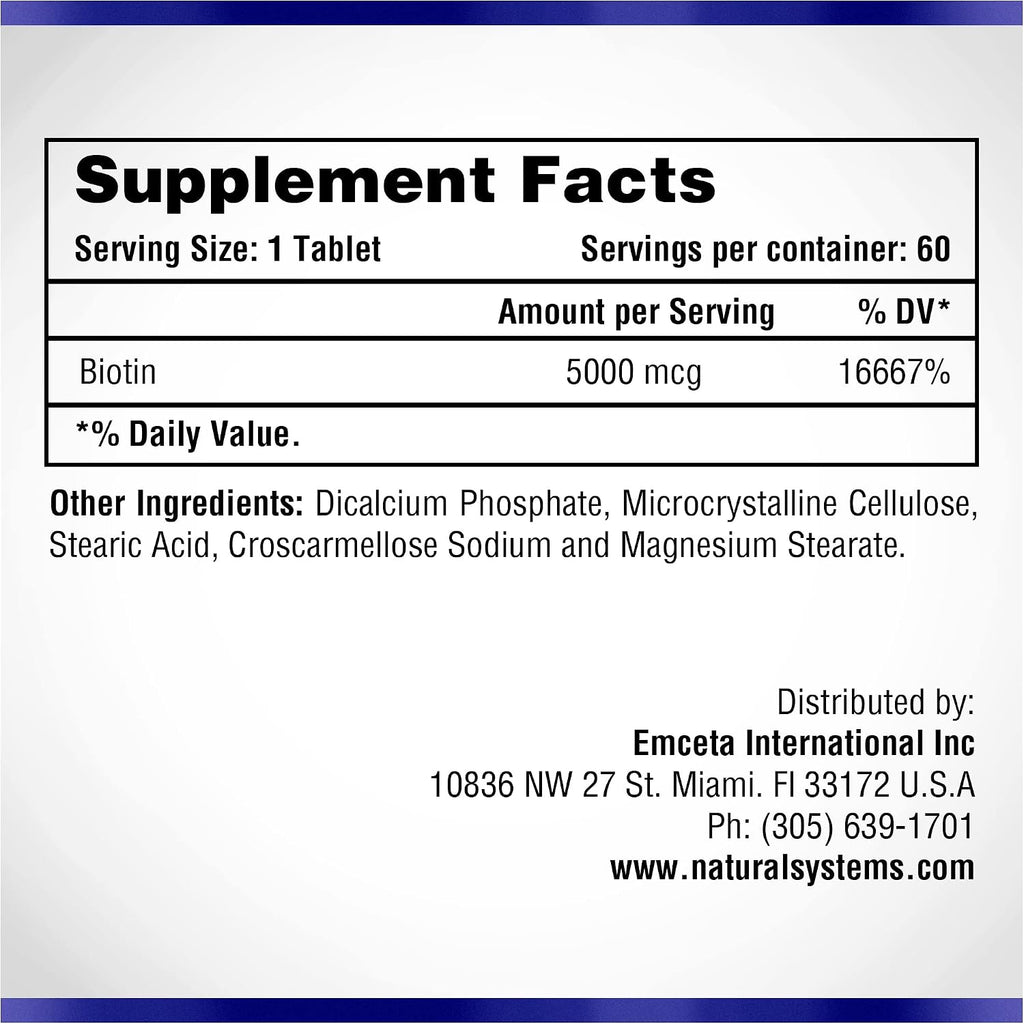 Biotina 5000 μg, 60 Comprimidos – Natural Systems