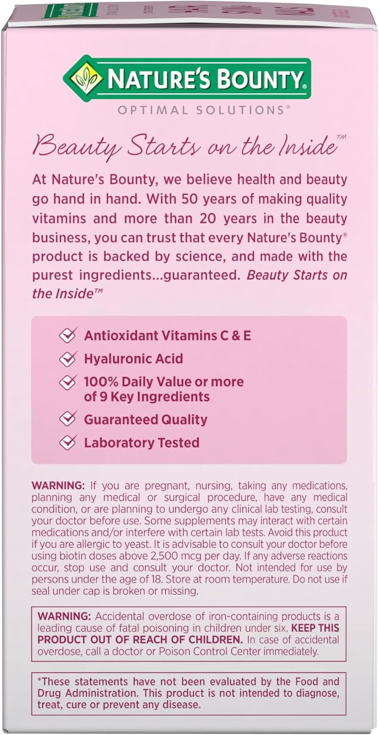Nature's Bounty Advanced Hair, Skin & Nails, Suplemento con Biotina, Ácido Hialurónico y Aceite de Argán, 150 Cápsulas Blandas