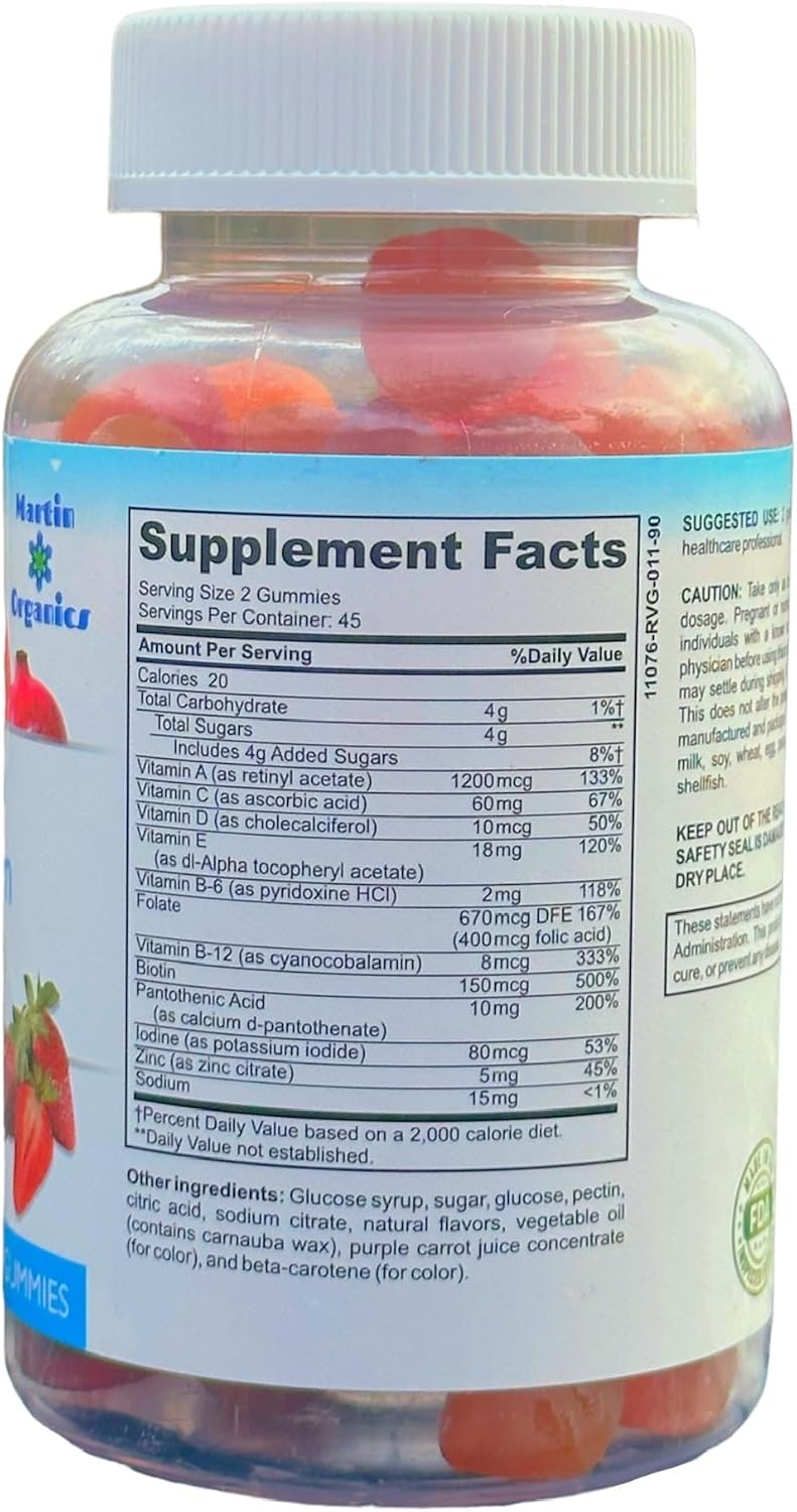 Martin Organics Multivitamin Gummies para Mujeres y Hombres, Sin Gluten, con Hierro, Magnesio, Zinc y Biotina, 90 Gominolas