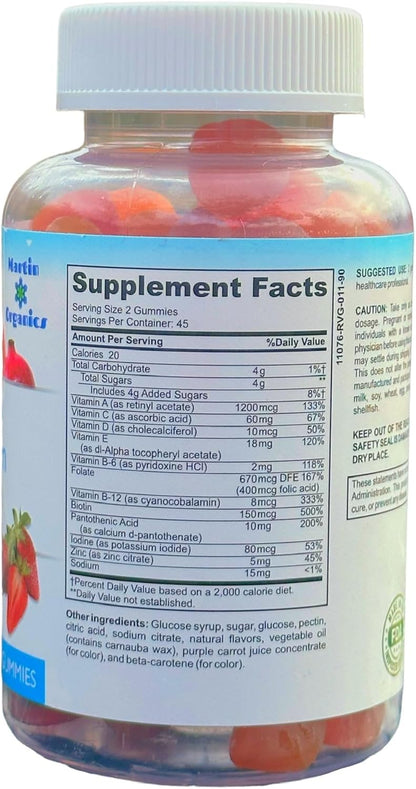 Martin Organics Multivitamin Gummies para Mujeres y Hombres, Sin Gluten, con Hierro, Magnesio, Zinc y Biotina, 90 Gominolas