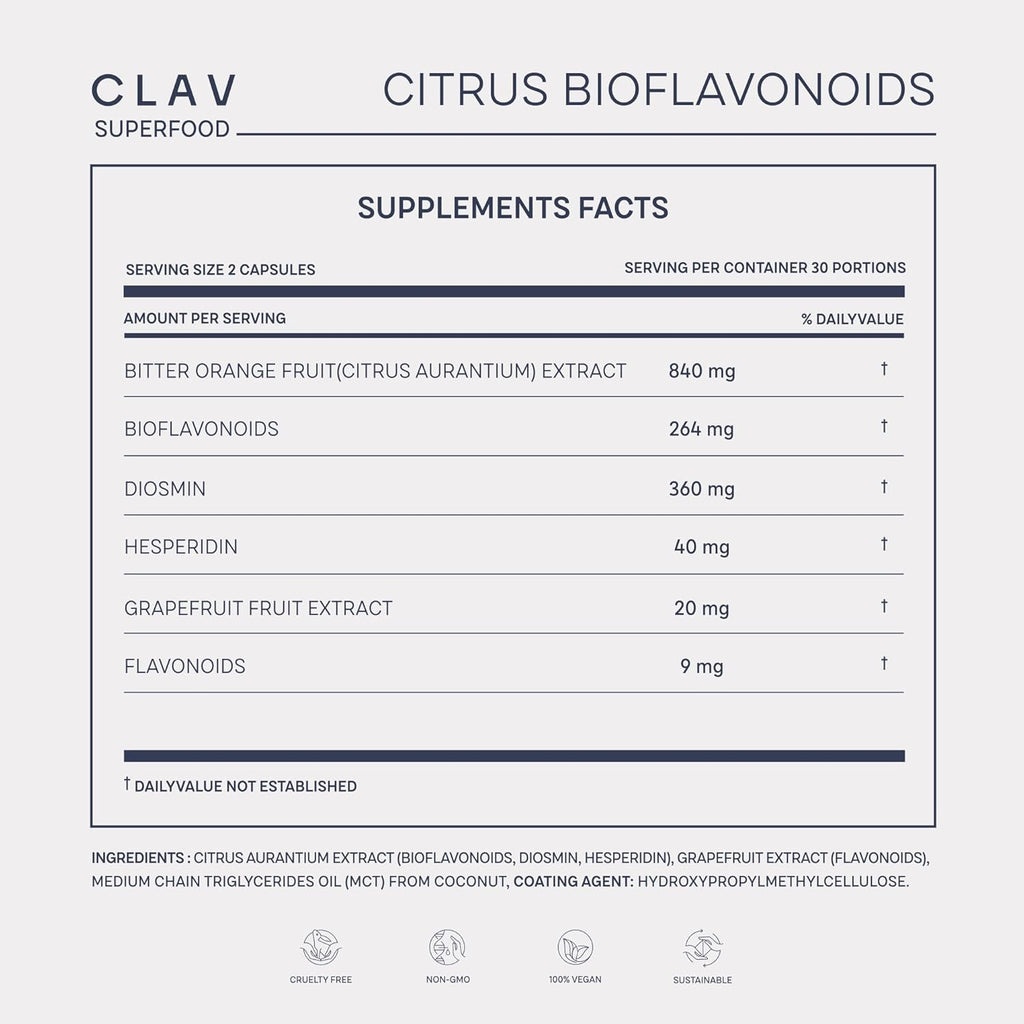 CLAV Bioflavonoides Cítricos - Suplemento Vegano de Flavonoides de Naranja Amarga y Pomelo - 60 Cápsulas - Hecho en Alemania