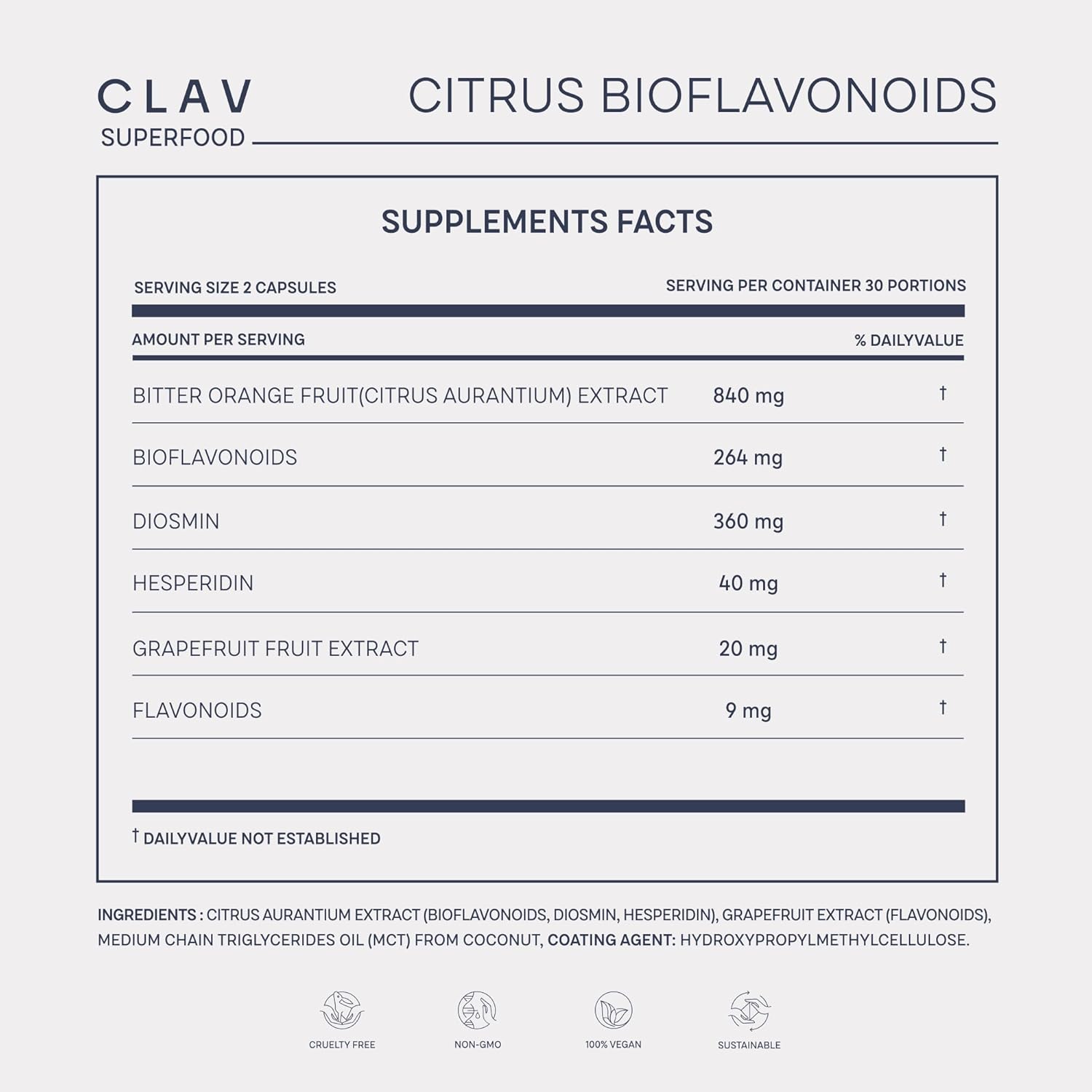CLAV Bioflavonoides Cítricos - Suplemento Vegano de Flavonoides de Naranja Amarga y Pomelo - 60 Cápsulas - Hecho en Alemania