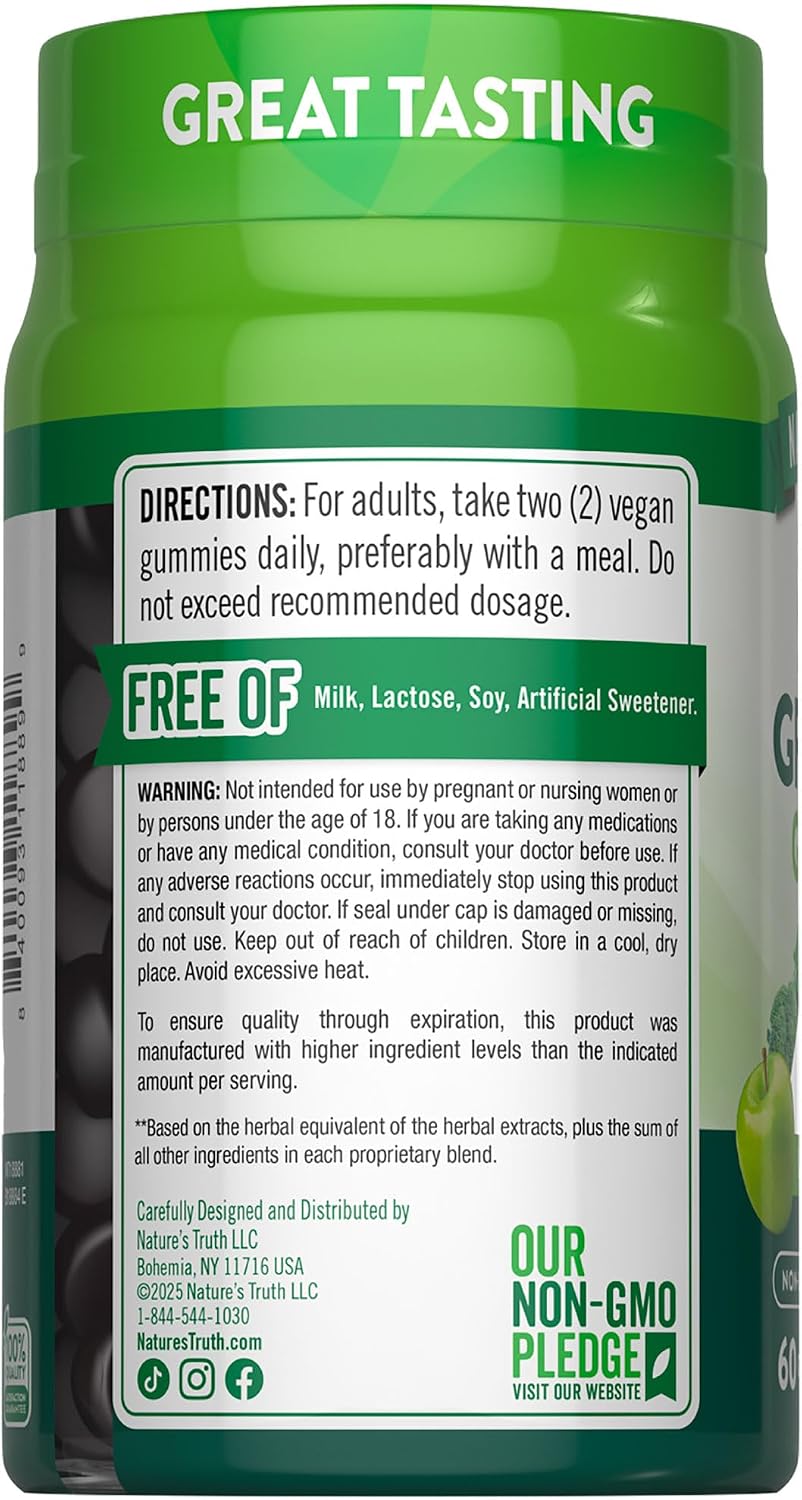 Nature's Truth Super Greens Gummies | 60 uds | Vegano y sin OMG | Con verduras reales | Sabor a manzana