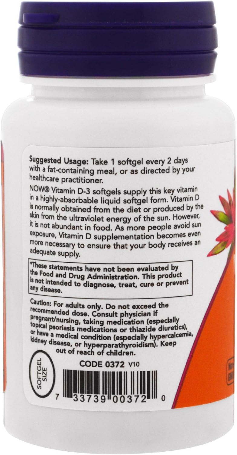 NOW Foods Vitamina D3 5.000 UI, Alta Potencia, 120 Cápsulas Blandas (Paquete de 3)