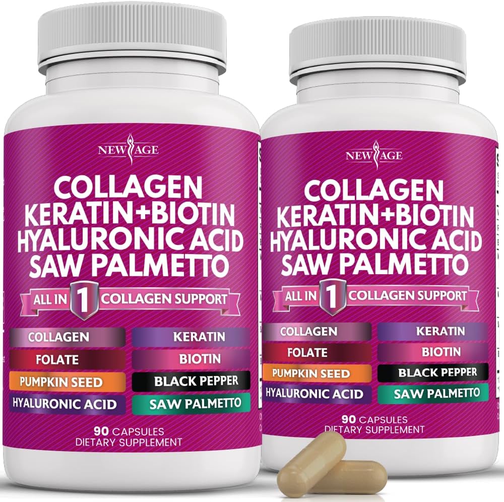 NEW AGE Colágeno con Biotina, Keratina, Saw Palmetto, Ácido Hialurónico, Vitamina E, Ácido Fólico, Semilla de Calabaza, MSM - 90 Cápsulas (Pack de 2)
