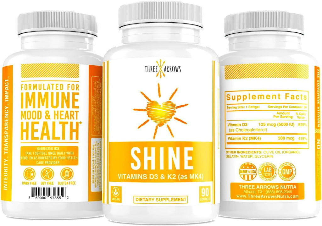 Three Arrows Shine Vitamina D3 K2 MK4 5000 UI + K2 500 mcg, 90 Cápsulas Blandas