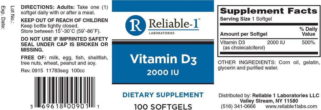 Reliable Vitamina D3 2000 UI, 100 Cápsulas Blandas