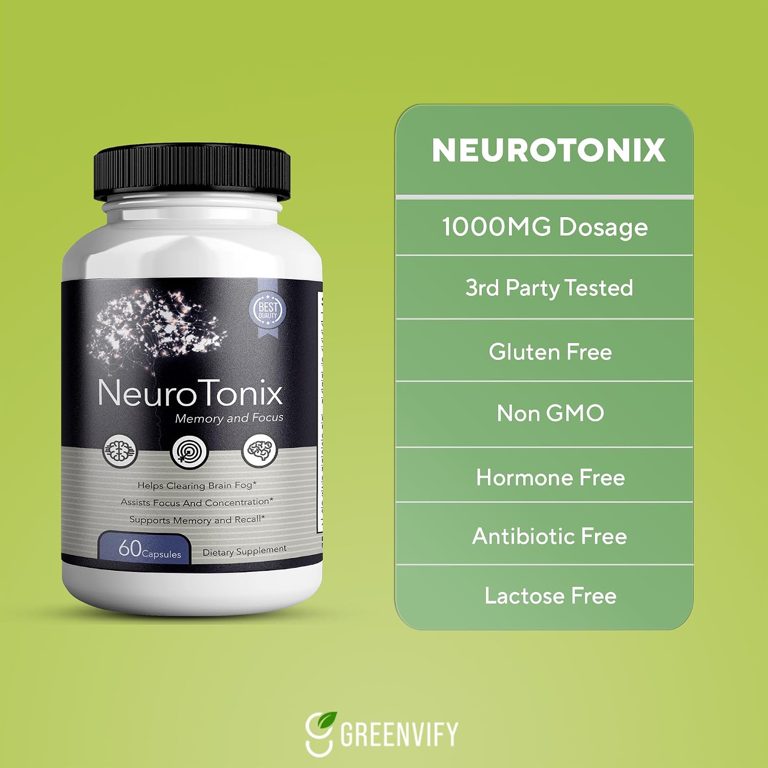 NeuroTonix Brain Support Supplement, Clear Brain Fog and Cognitive Booster, 60 Cápsulas Naturales