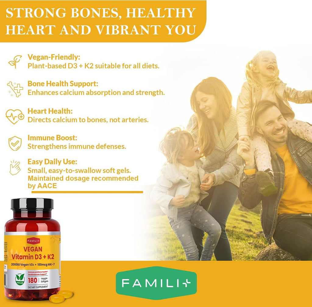 FAMILI+ Vitamina D3+K2 Vegano, 2000 UI D3 + 100 mcg K2 MK-7, 180 Cápsulas Blandas Vegetales