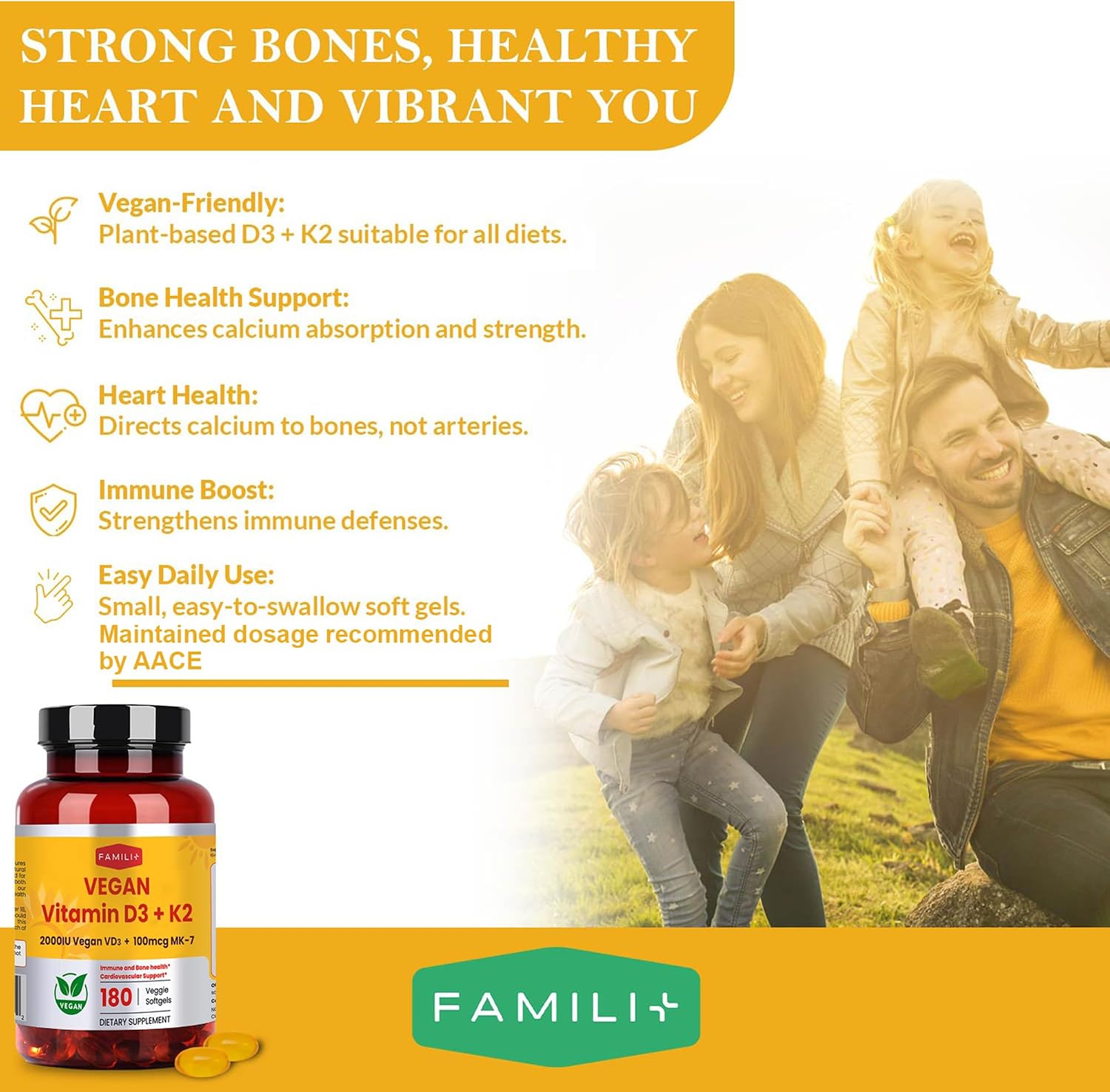 FAMILI+ Vitamina D3+K2 Vegano, 2000 UI D3 + 100 mcg K2 MK-7, 180 Cápsulas Blandas Vegetales