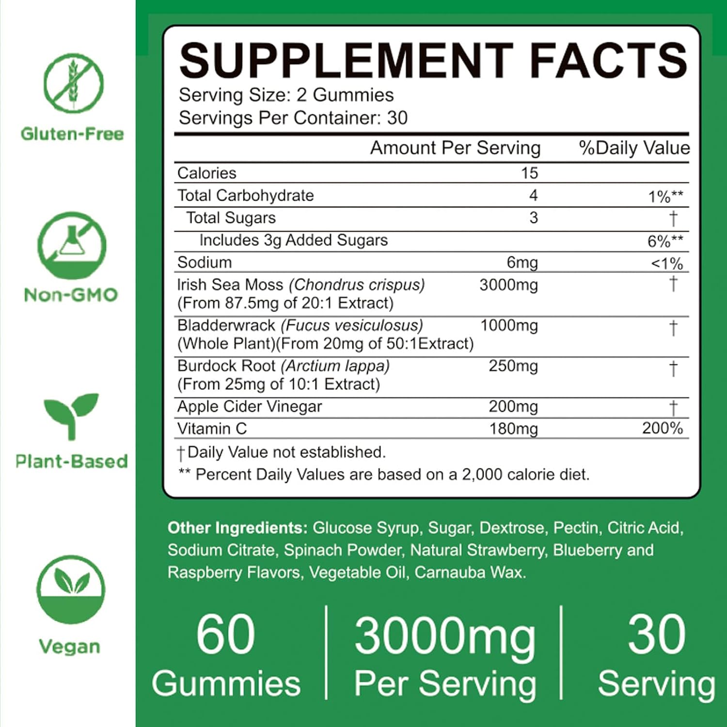 VIFSSG Sea Moss Gummies 3000mg - Gominolas de Musgo Marino con Bladderwrack y Bardana - 60 Gomitas Veganas