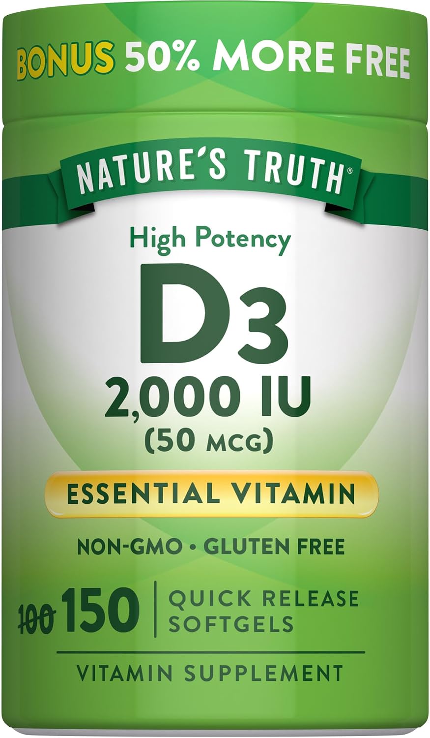 Nature's Truth Vitamina D3 2000 UI Cápsulas Blandas, 150 Unidades