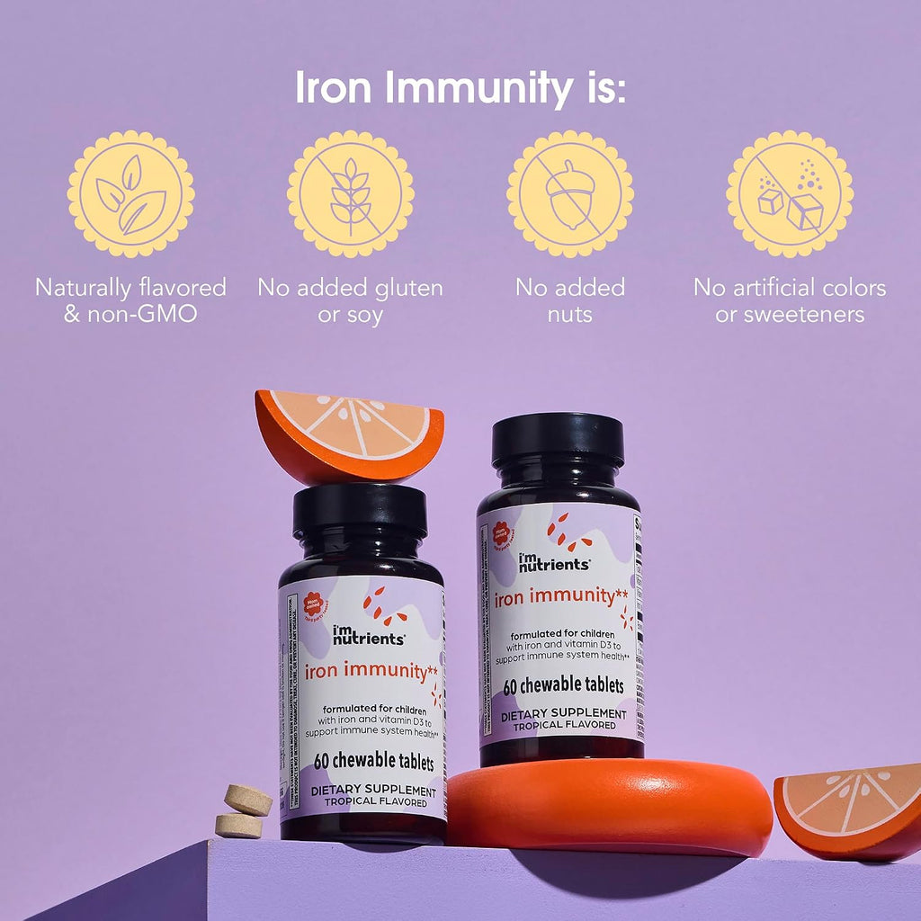 I'm Nutrients Iron Immunity | Hierro para Niños con Vitamina C y D3 | 60 Comprimidos Masticables