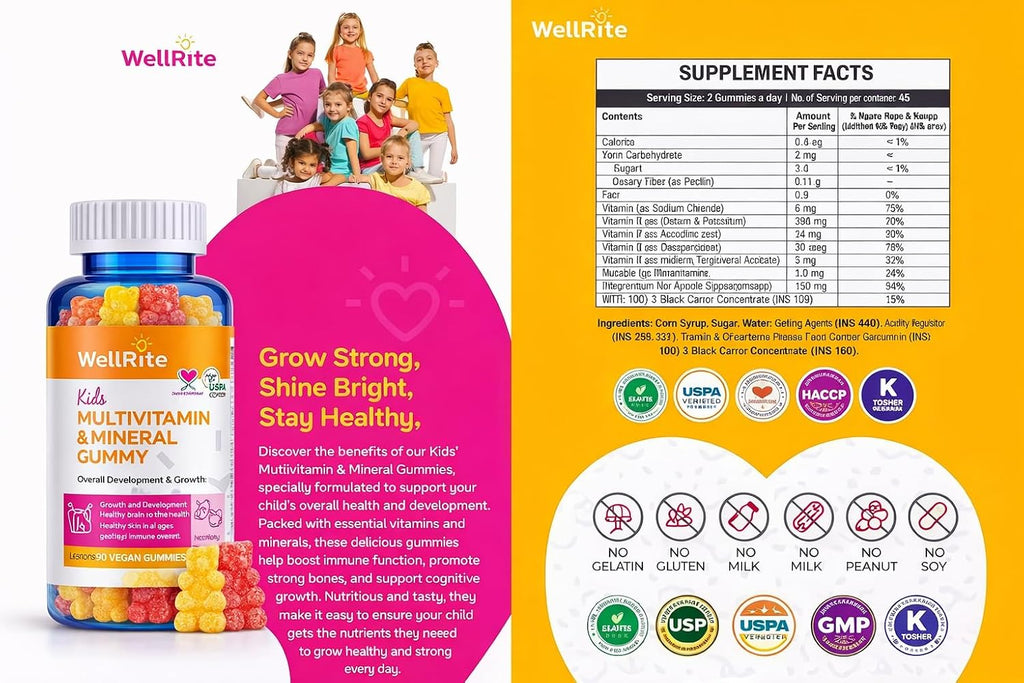 Kids Multivitamin Gummies – Wellrite Multivitamínico para Niños con Vitaminas y Minerales, Crecimiento e Inmunidad, Vegano, Sin Gelatina, Sin Gluten, Sin Frutos Secos, 60 Gomitas, Sabor Fresa y Limón
