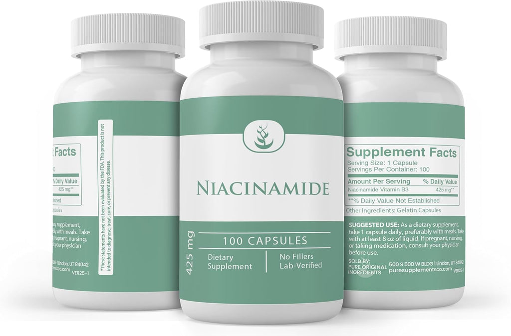 Pure Original Ingredients Niacinamida (Vitamina B3) - Pura, Sin Aditivos, Verificada en Laboratorio
