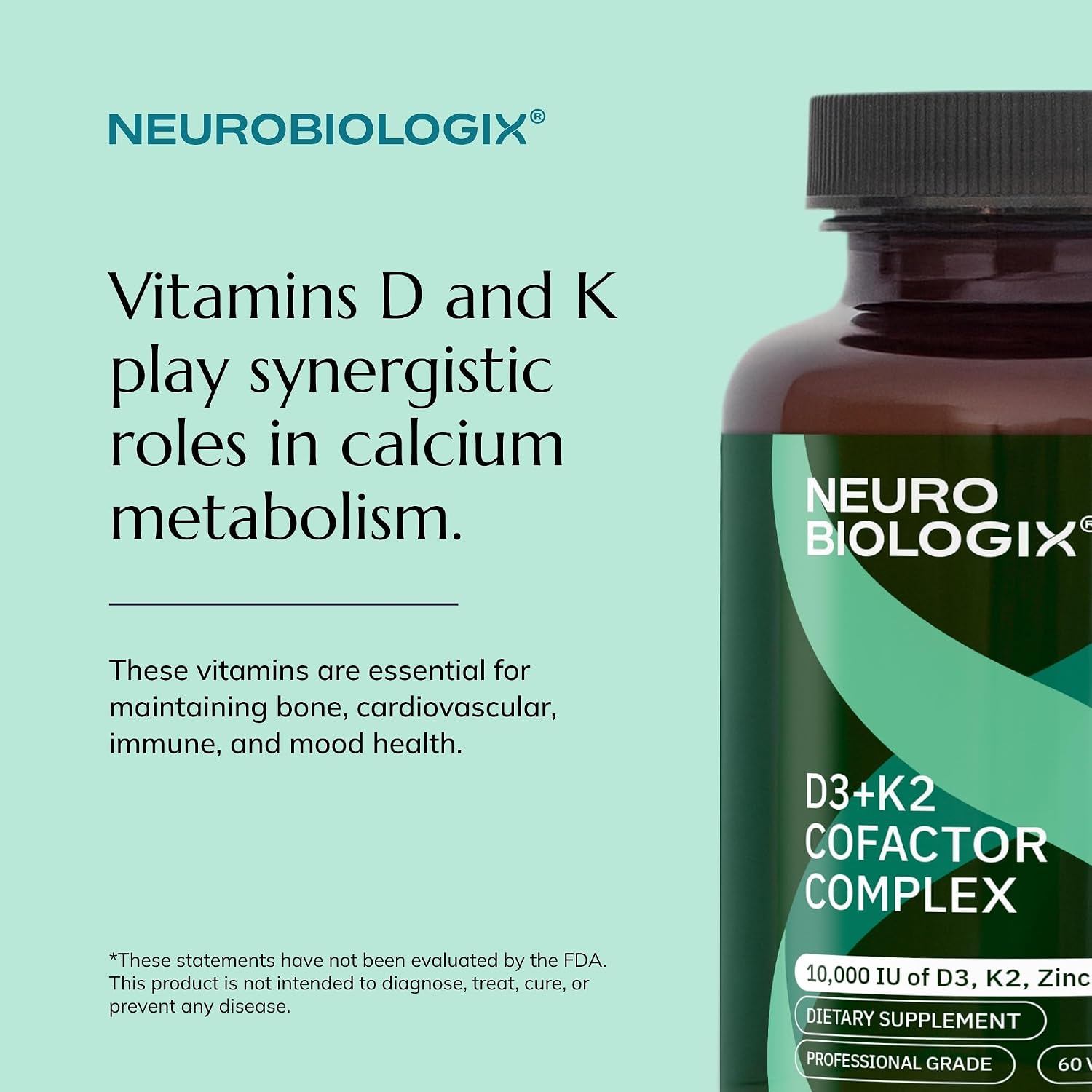 Neurobiologix Complejo de Vitamina D3 + K2 Cofactor, 10.000 UI D3 con K2 MK-7, Zinc y Boro, 60 Cápsulas