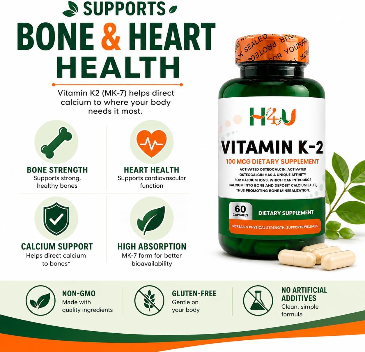 H4U Vitamina K2 MK-7 100 mcg – 60 Cápsulas Veganas | Apoya Huesos y Corazón