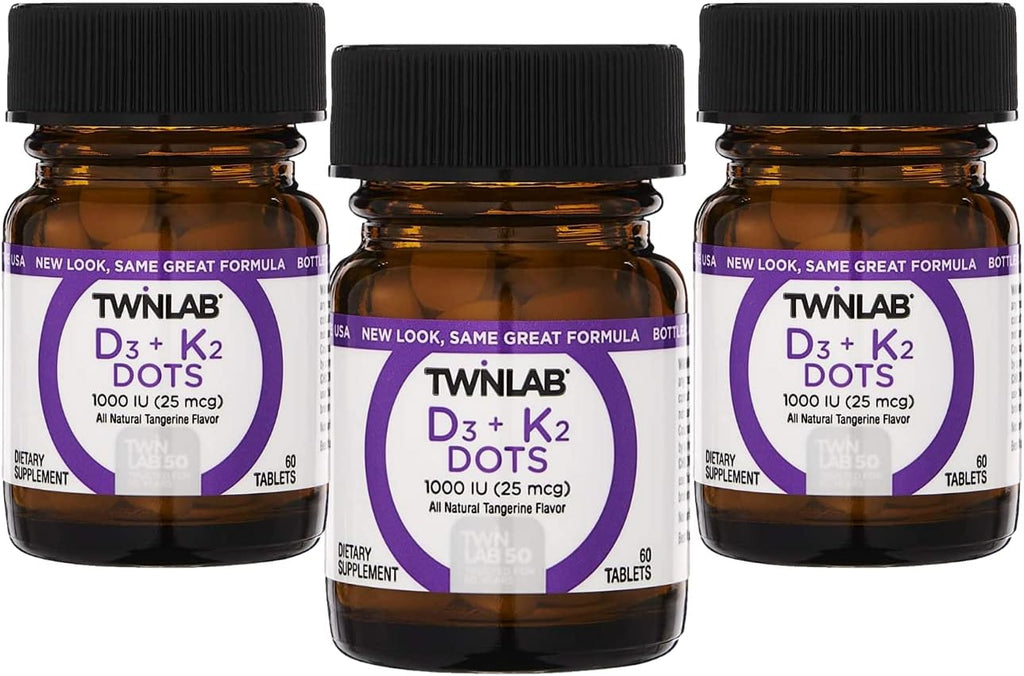 Twinlab D3 + K2 Dots - Vitamina D3 y K2 - 1000 UI D3 + 90 mcg K2 MK-7 - 60 Comprimidos (Pack de 3)
