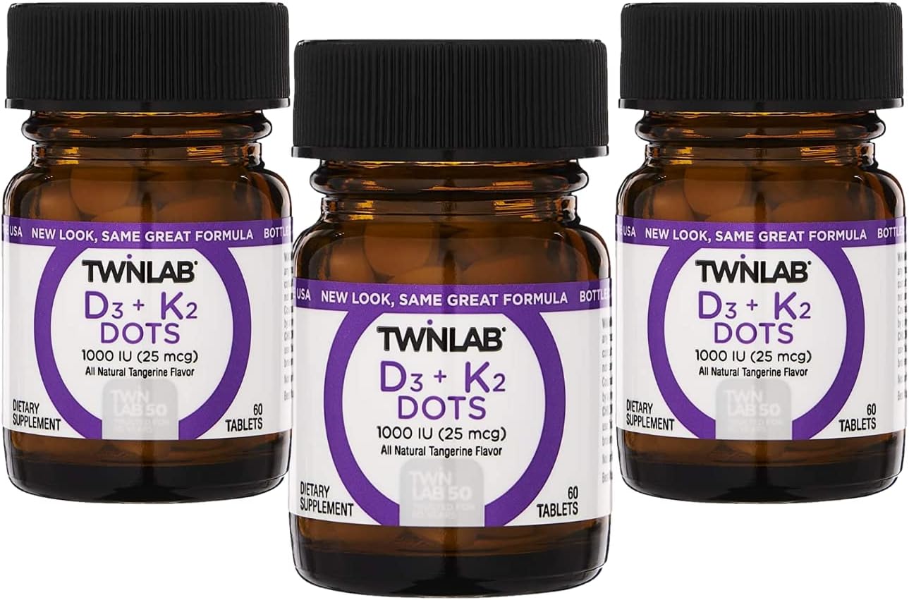Twinlab D3 + K2 Dots - Vitamina D3 y K2 - 1000 UI D3 + 90 mcg K2 MK-7 - 60 Comprimidos (Pack de 3)