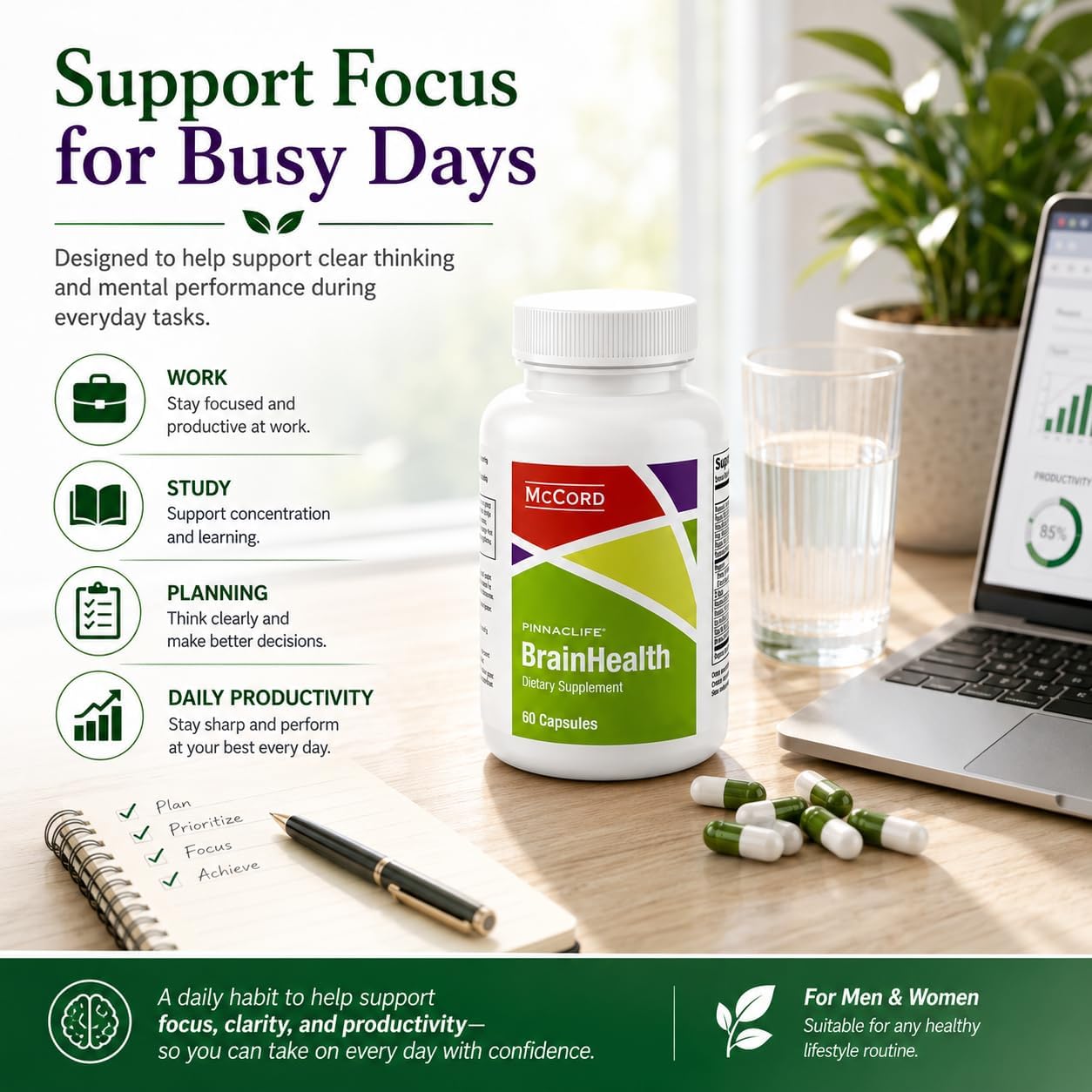 McCord BrainHealth Complemento Cerebral con Olivamine, Vitaminas D3, B6, B12, Rhodiola Rosea, Magnesio y Taurina