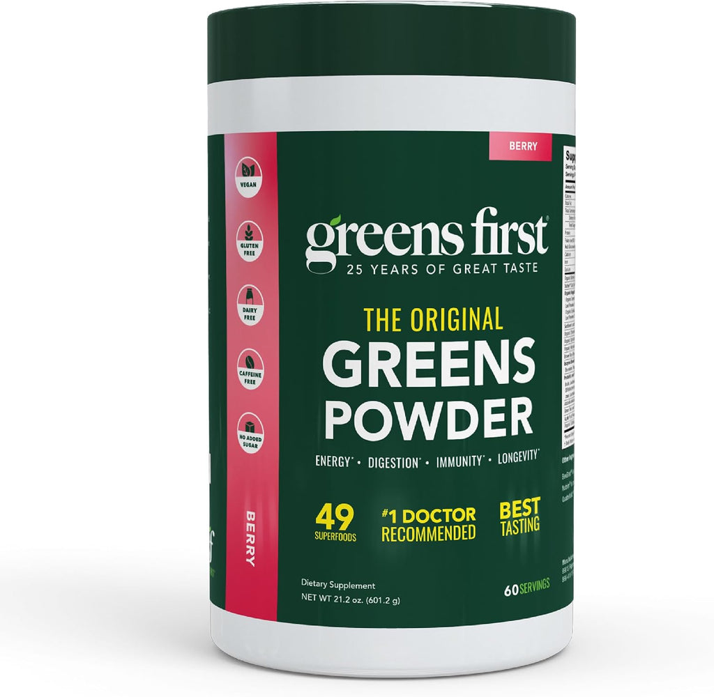 Greens First Original Greens Powder - 49 Superfoods - Organic Fruits and Vegetables - Prebiotics, Probiotics & Digestive Enzymes - Antioxidant Smoothie - Dairy Free, Vegan & Non-GMO - Berry Flavor - 60 Servings
