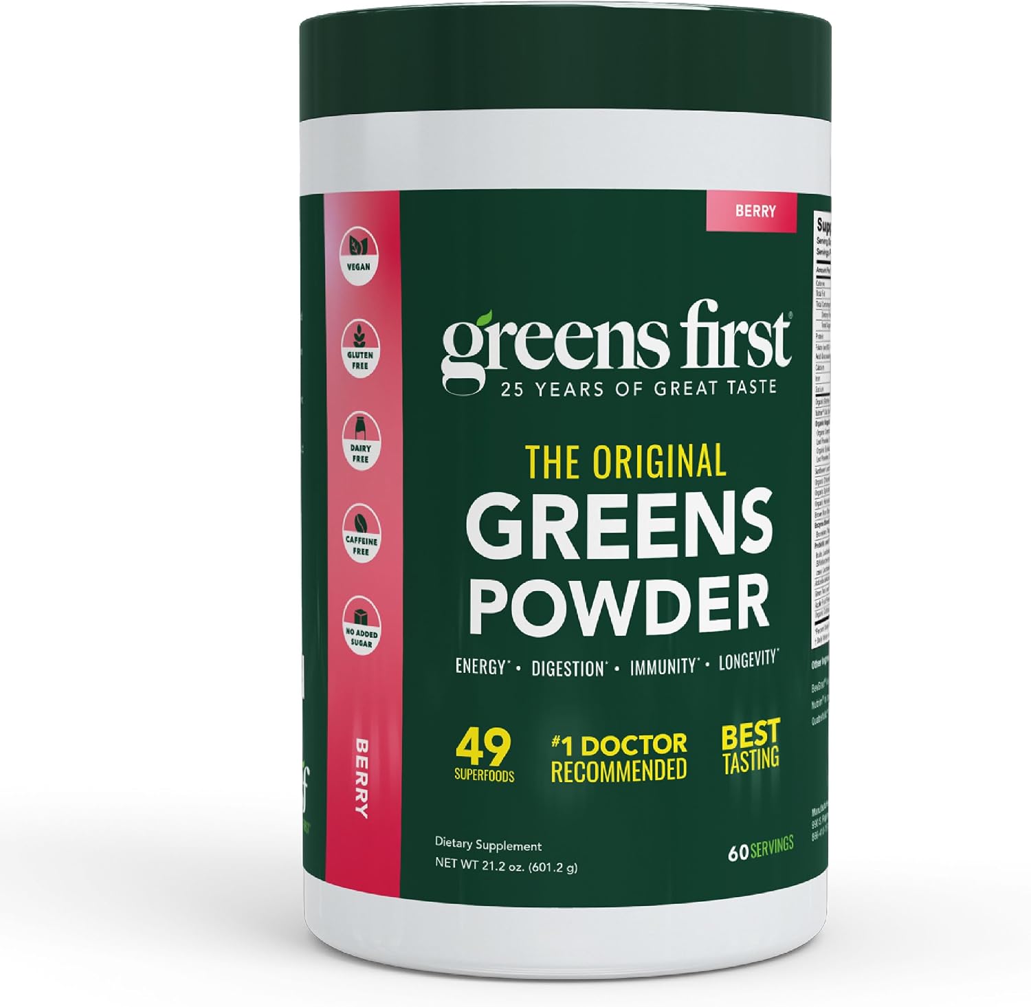 Greens First Original Greens Powder - 49 Superfoods - Organic Fruits and Vegetables - Prebiotics, Probiotics & Digestive Enzymes - Antioxidant Smoothie - Dairy Free, Vegan & Non-GMO - Berry Flavor - 60 Servings