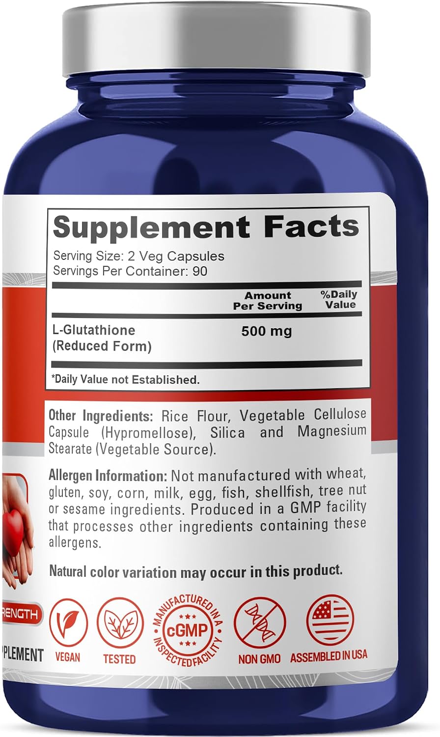 Reduced Glutathione 500mg 180 Veggie Capsules (Vegan, Non-GMO) - NusaPure