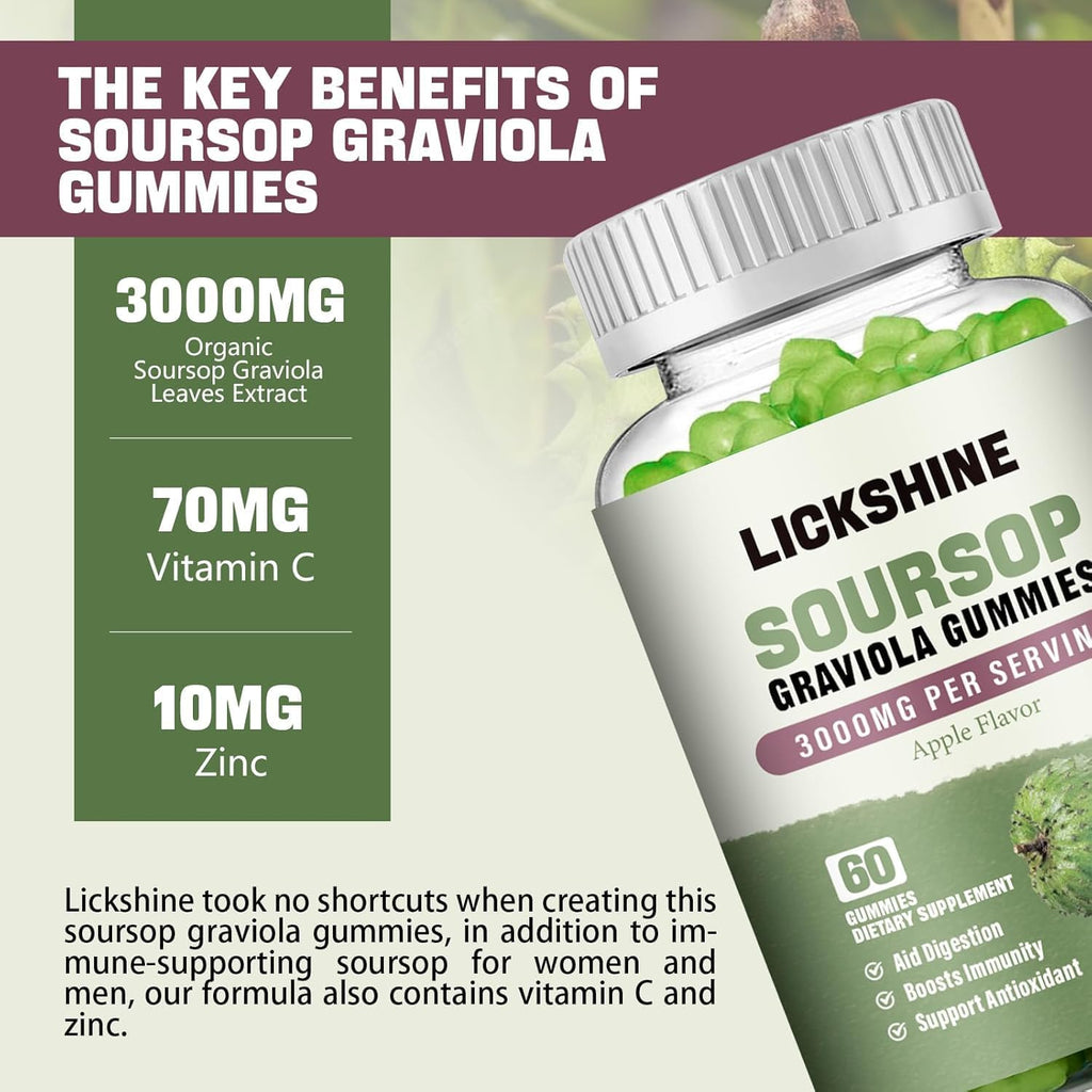 lickshine 2 Pack Gominolas de Graviola - 3000mg Extra Fuerte con Vitamina C y Zinc - Apoyo Digestivo e Inmunitario - Sin Azúcar, No GMO, Vegano, 120 unidades