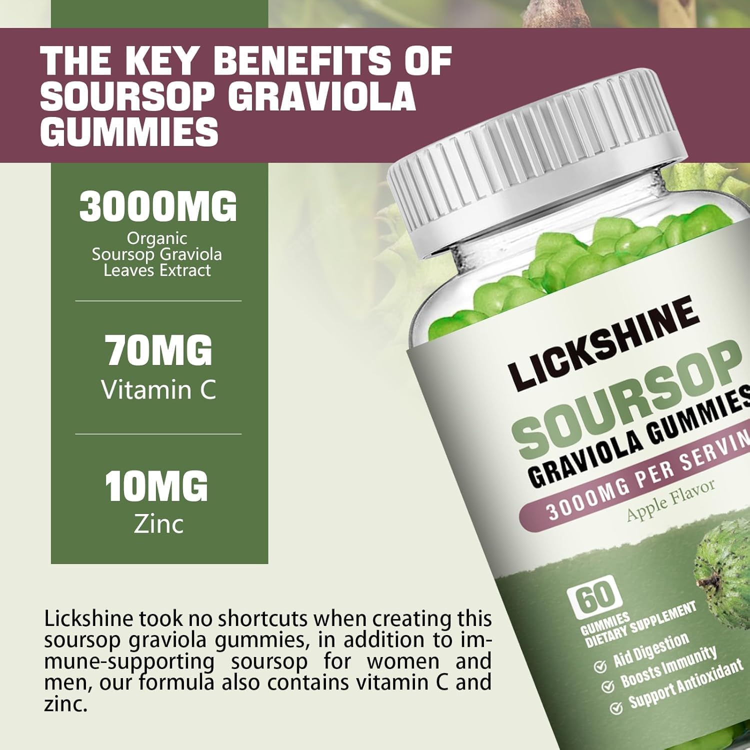 lickshine 2 Pack Gominolas de Graviola - 3000mg Extra Fuerte con Vitamina C y Zinc - Apoyo Digestivo e Inmunitario - Sin Azúcar, No GMO, Vegano, 120 unidades