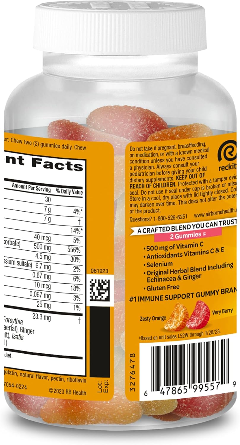 Airborne Kids Gomitas de Vitamina C 500 mg con Zinc y Antioxidantes - 63 gomas, Sabor a Frutas Variadas