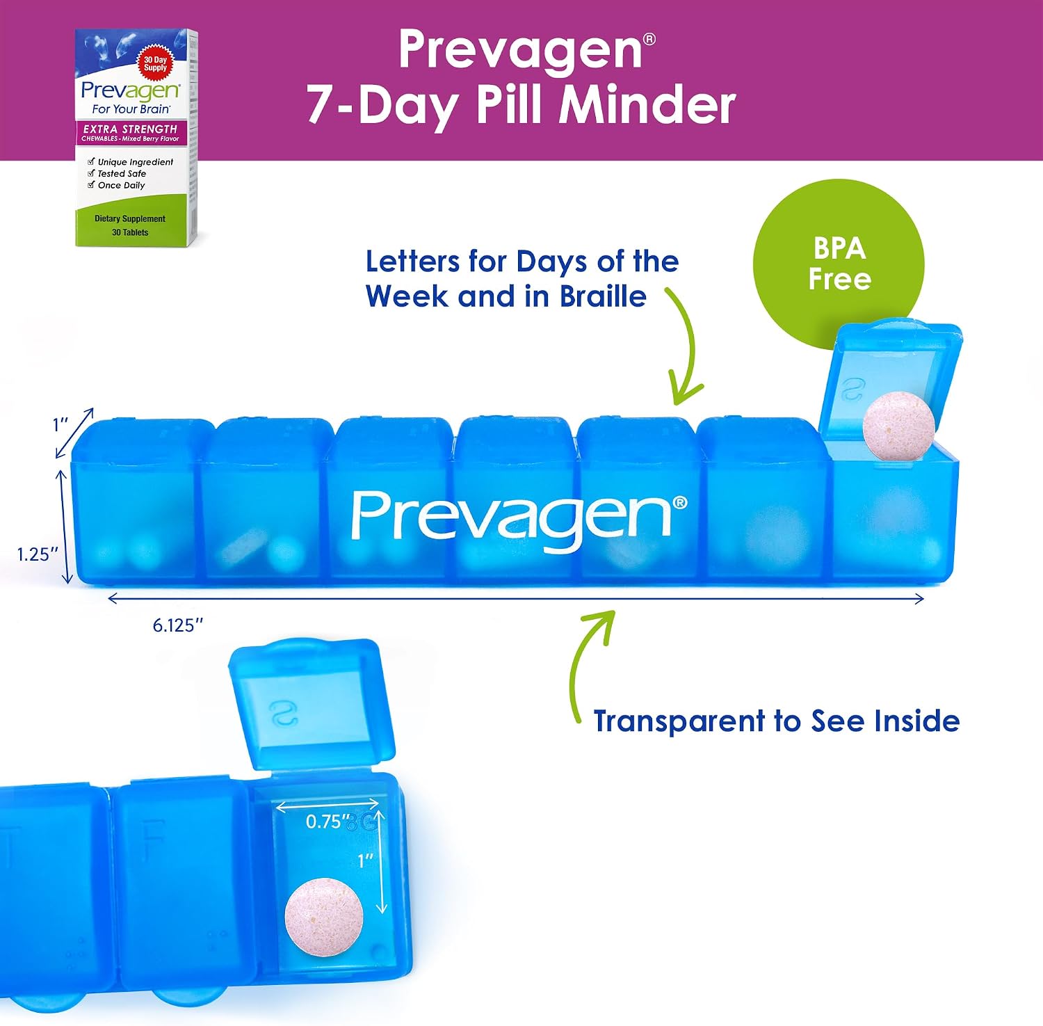 Prevagen Extra Strength Mixed Berry Chewables - 30 Comprimidos (1 Mes) | Formulado para tu Cerebro | 20mg de Apoaequorina más Vitamina D3 con Pastillero de 7 Días