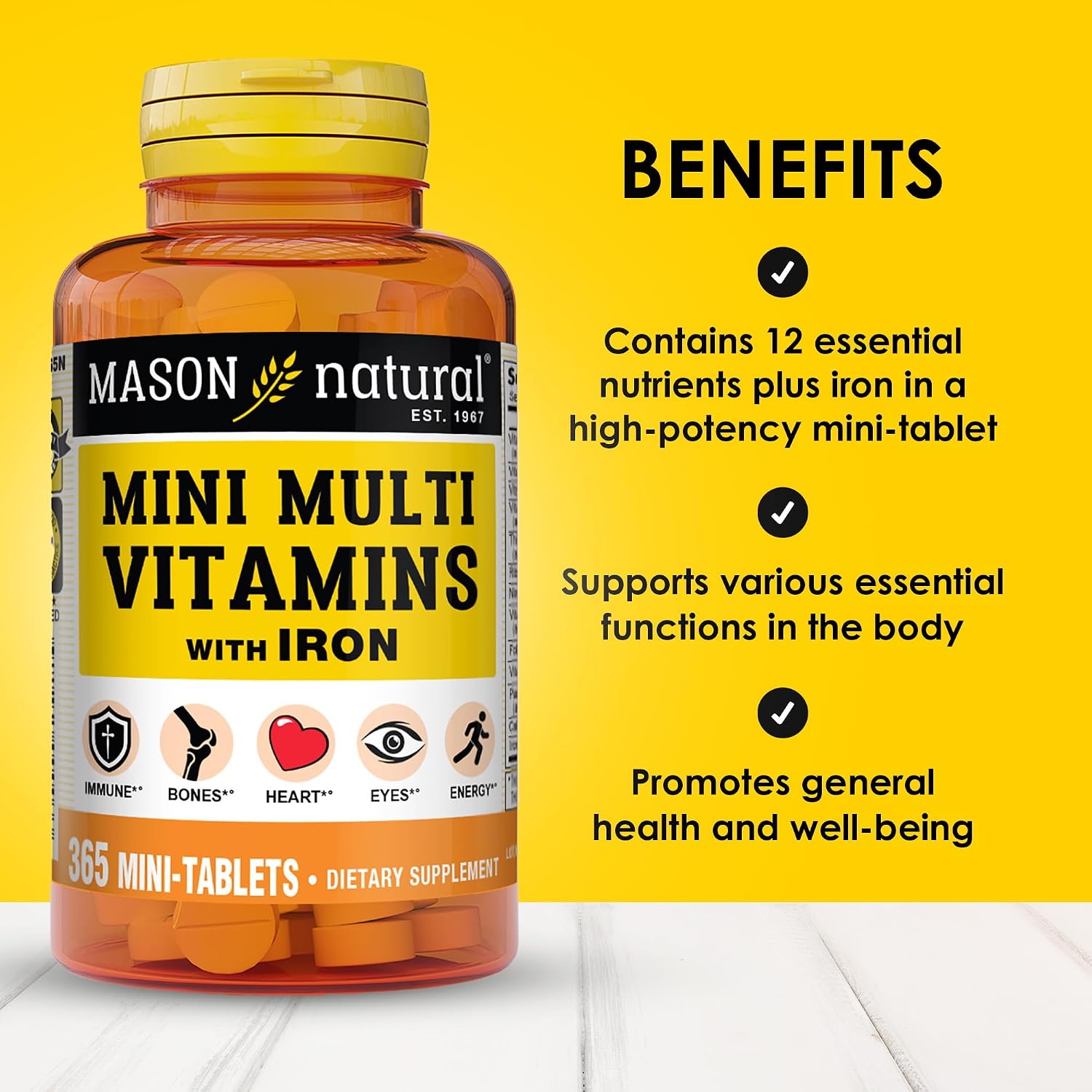MASON NATURAL Mini Multivitamin with Iron | 365 Tablets | 12 Essential Nutrients