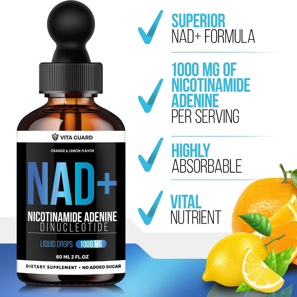 Vita Guard Pure NAD+ Líquido Gotas 1000mg - Fórmula de Nicotinamida - Vegano y No OGM - Sabor Natural a Limón y Naranja