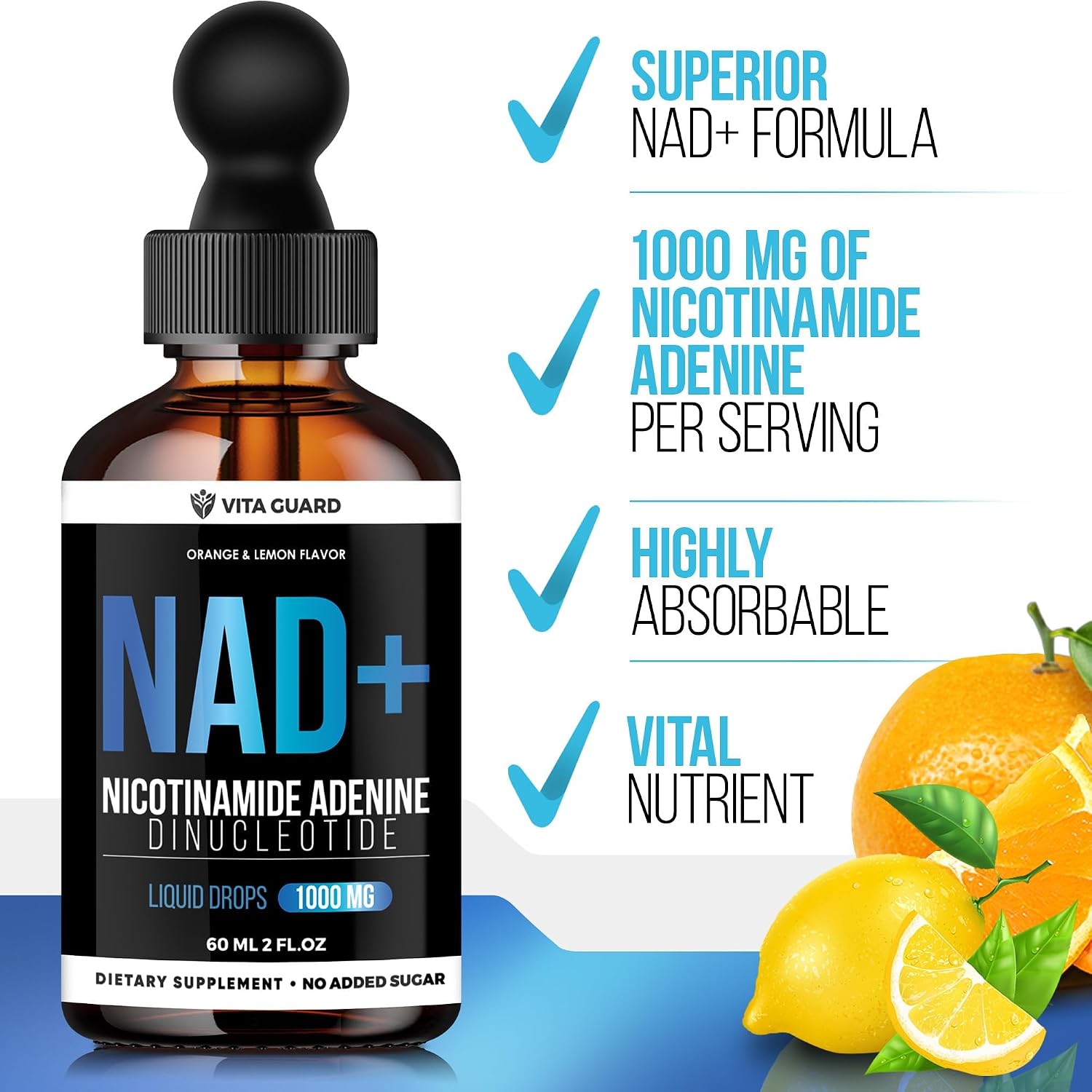 Vita Guard Pure NAD+ Líquido Gotas 1000mg - Fórmula de Nicotinamida - Vegano y No OGM - Sabor Natural a Limón y Naranja