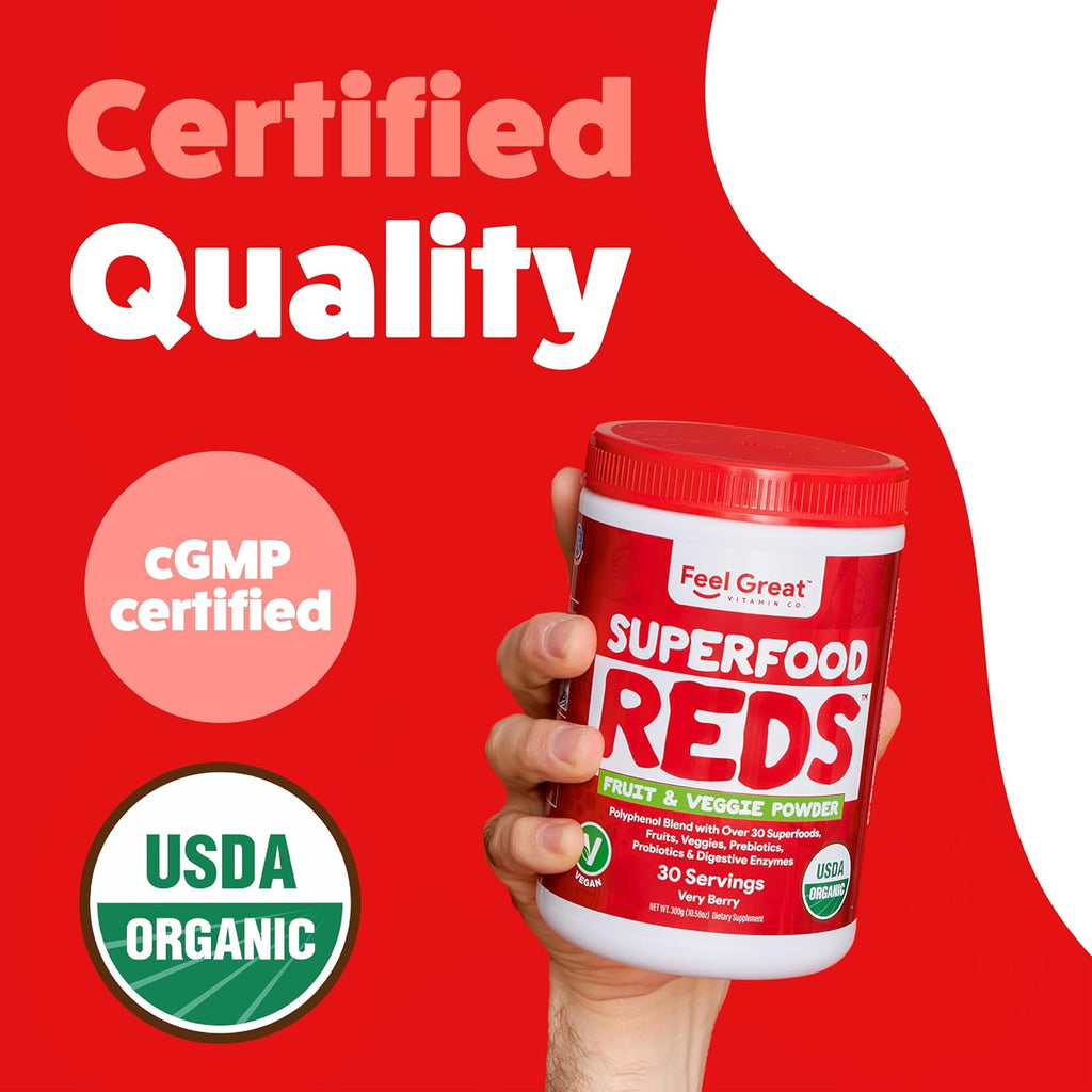 Feel Great Organic Superfood Reds Powder - Remolacha, Frutas y Verduras - Apoyo Digestivo y Antioxidante