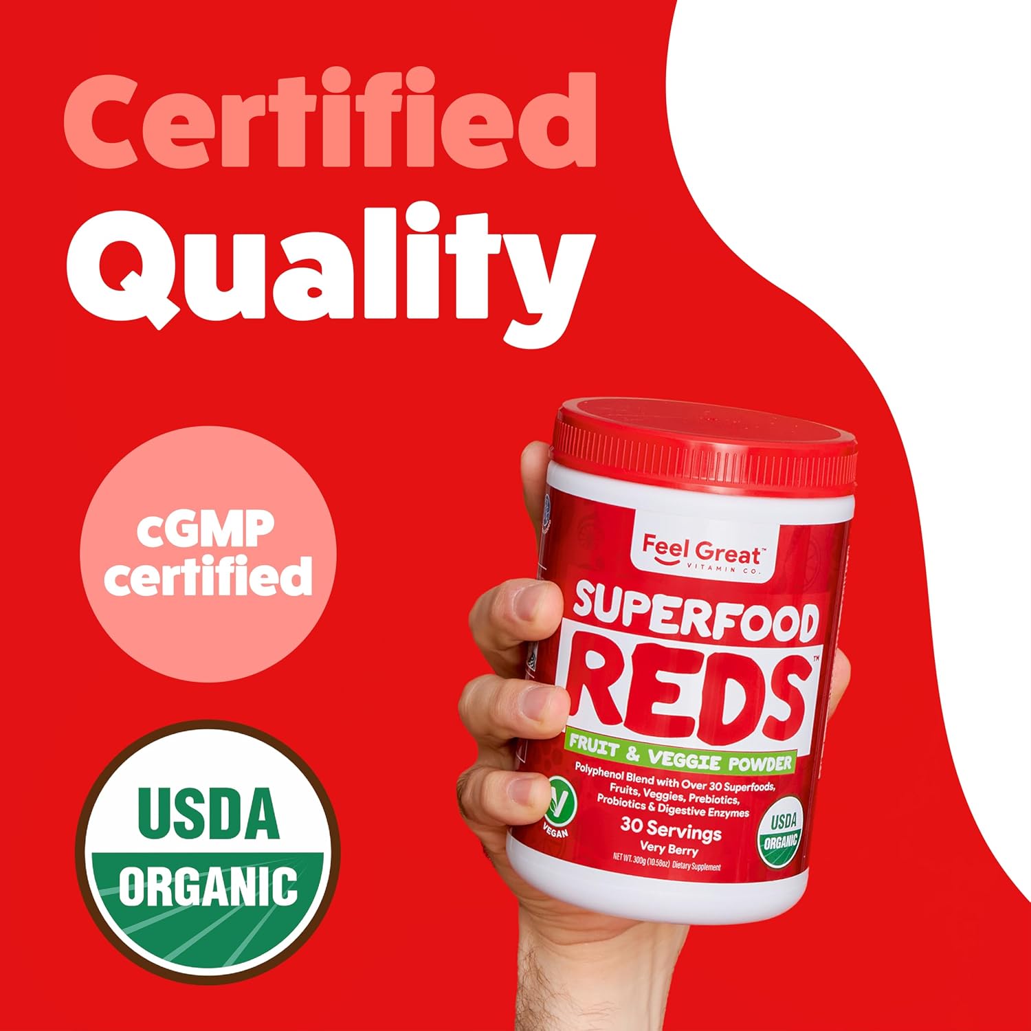 Feel Great Organic Superfood Reds Powder - Remolacha, Frutas y Verduras - Apoyo Digestivo y Antioxidante