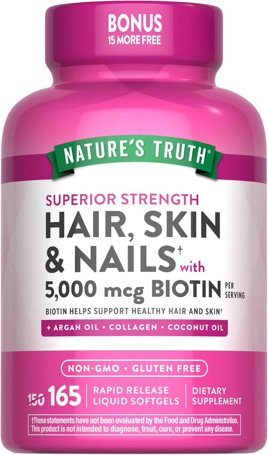 Nature's Truth Hair, Skin & Nails Vitamins | 5000 mcg Biotin | 165 Softgels | with Collagen