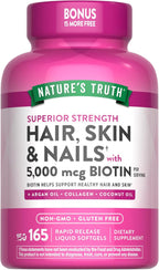Nature's Truth Hair, Skin & Nails Vitamins | 5000 mcg Biotin | 165 Softgels | with Collagen