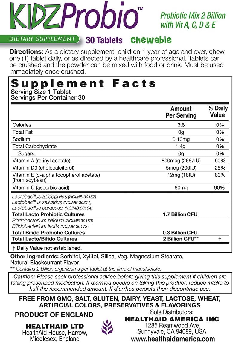 HealthAid KidzProbio Probiótico Masticable para Niños – 2 Mil Millones UFC, 5 Cepas + Prebiótico y Vitaminas A, C, D, E – Sabor Grosella Negra – 30 Comprimidos