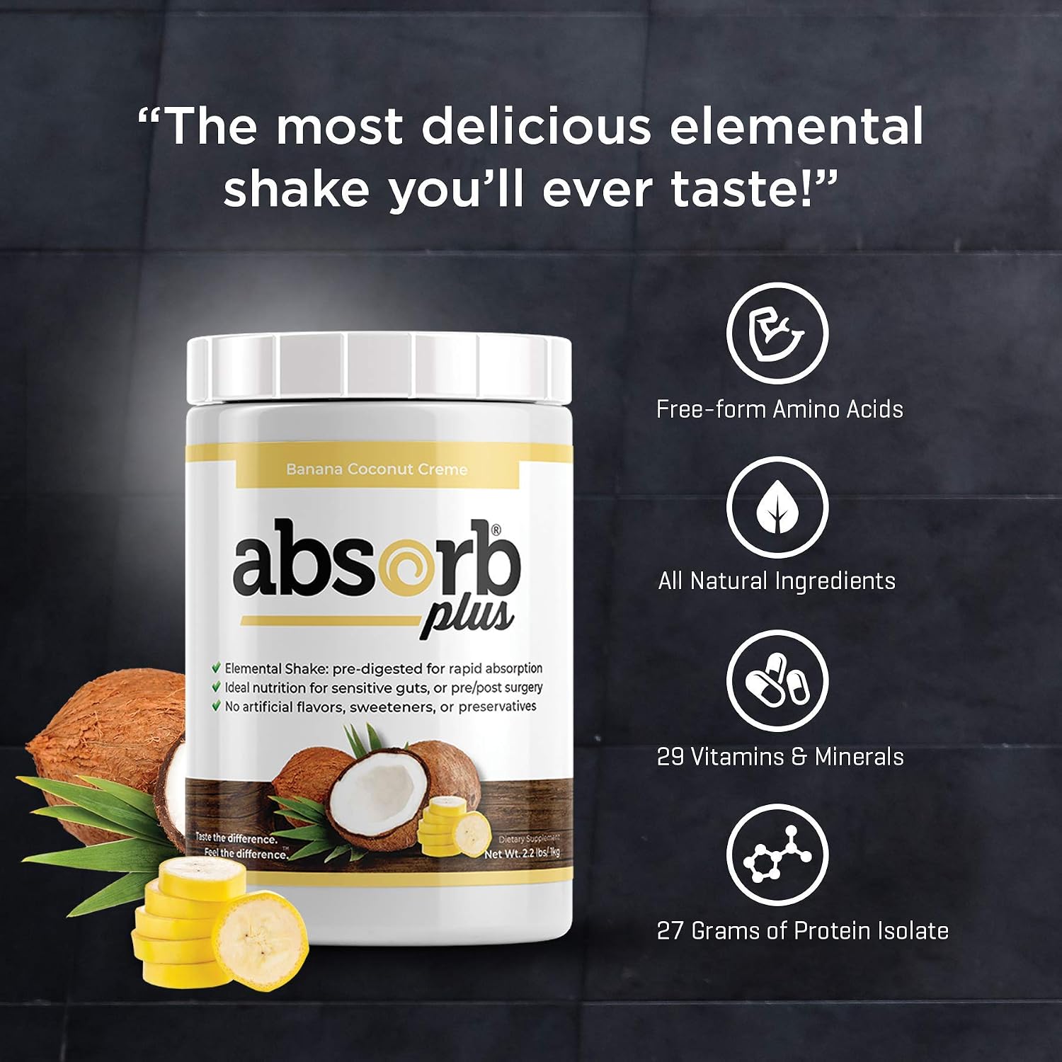Absorb Plus Isolate Protein – Complemento Alimenticio con Proteína de Suero, Sabor Plátano y Coco (1 kg)