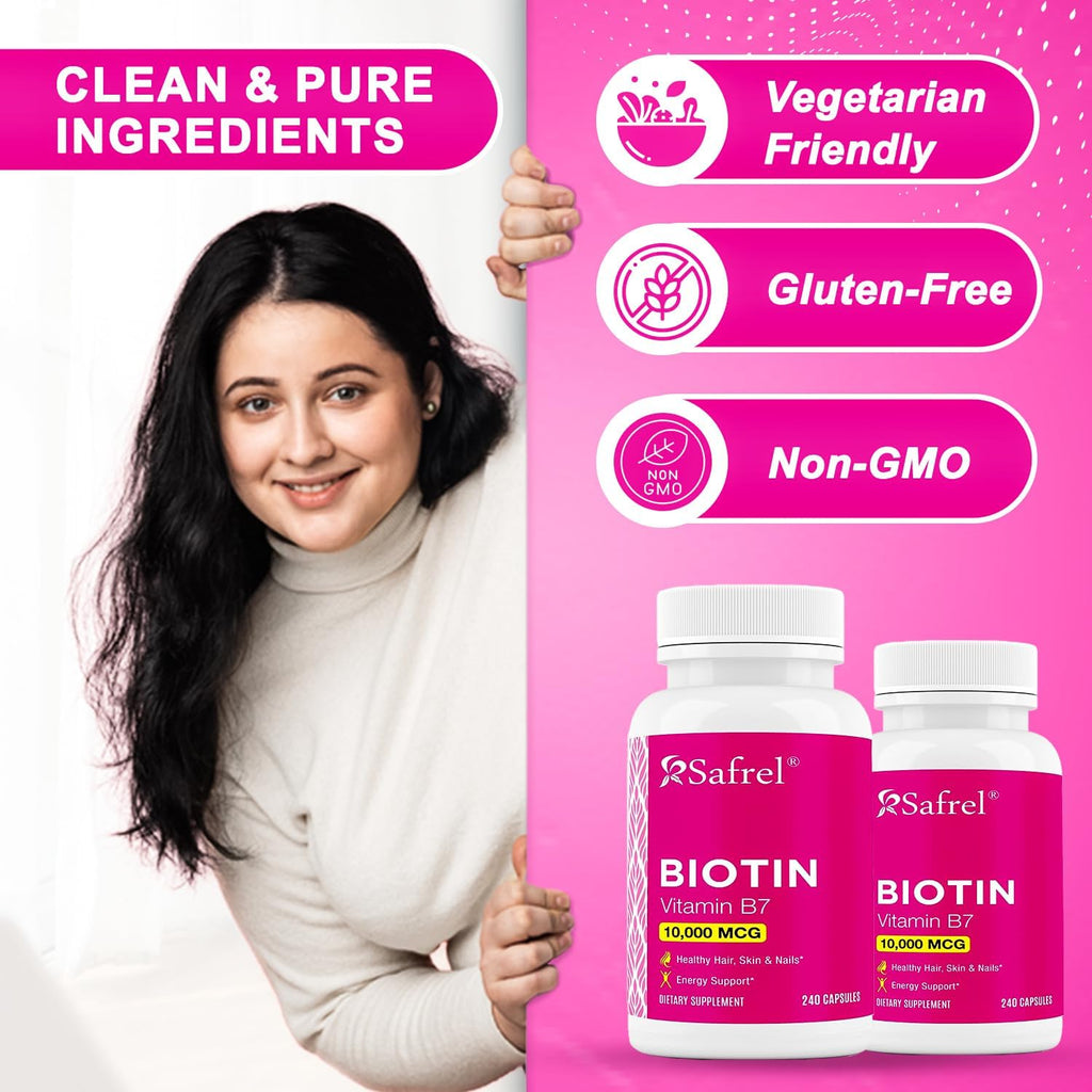 Safrel Biotina (Vitamina B7) 10.000 mcg – 240 Cápsulas Veganas, Sin Gluten