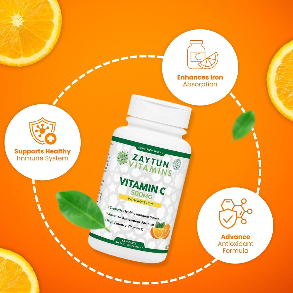 Zaytun Halal Vitamina C 500 mg con Escaramujo y Bioflavonoides - 60 Comprimidos Vegetarianos