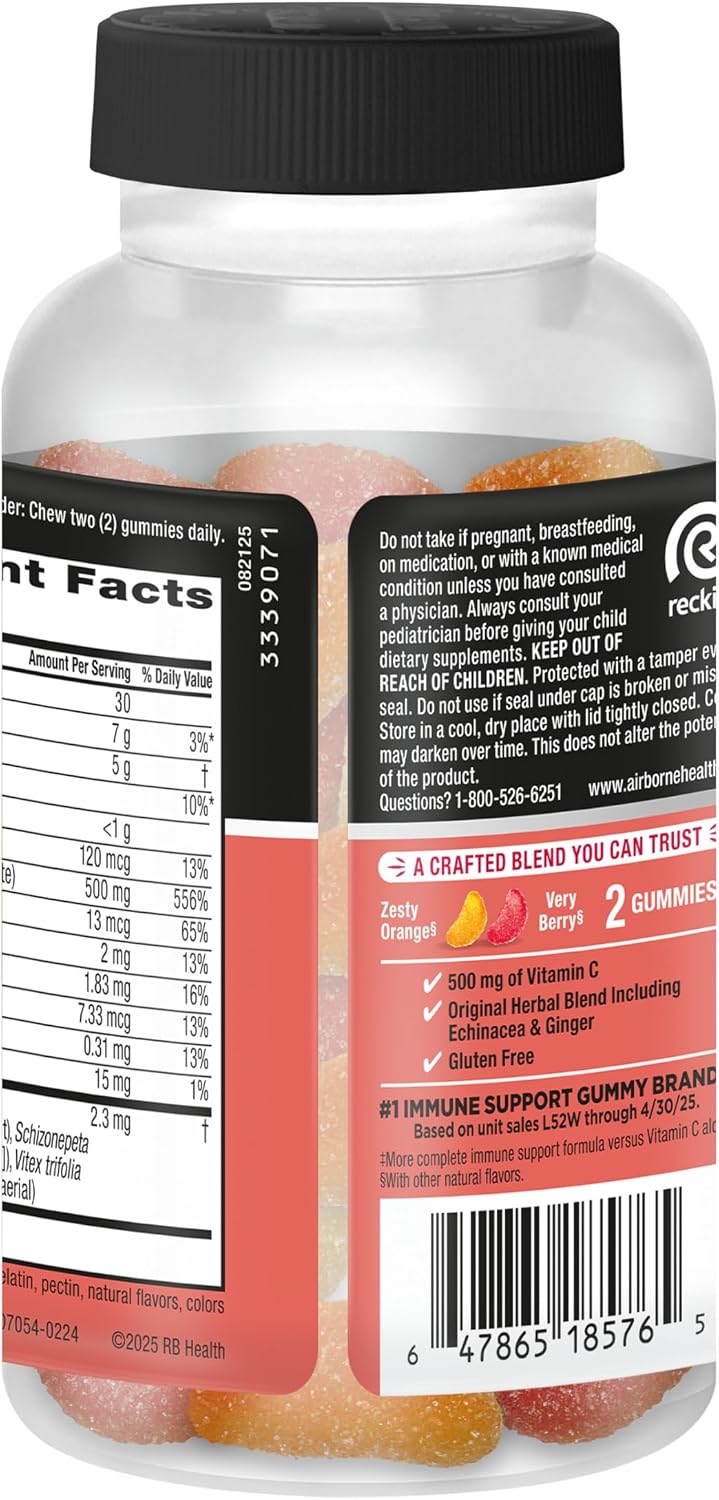 Airborne Kids Immune Support Gummies, Sabor Frutas Variadas, 42 unidades - 500 mg de Vitamina C + Vitaminas A, D, E + Zinc, Selenio, Manganeso | Mezcla de Hierbas | Sabor Natural